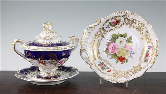 A Ridgway sauce tureen, cover and integral stand, and a Derby King Street works dessert dish, 19th century, 23.5cm